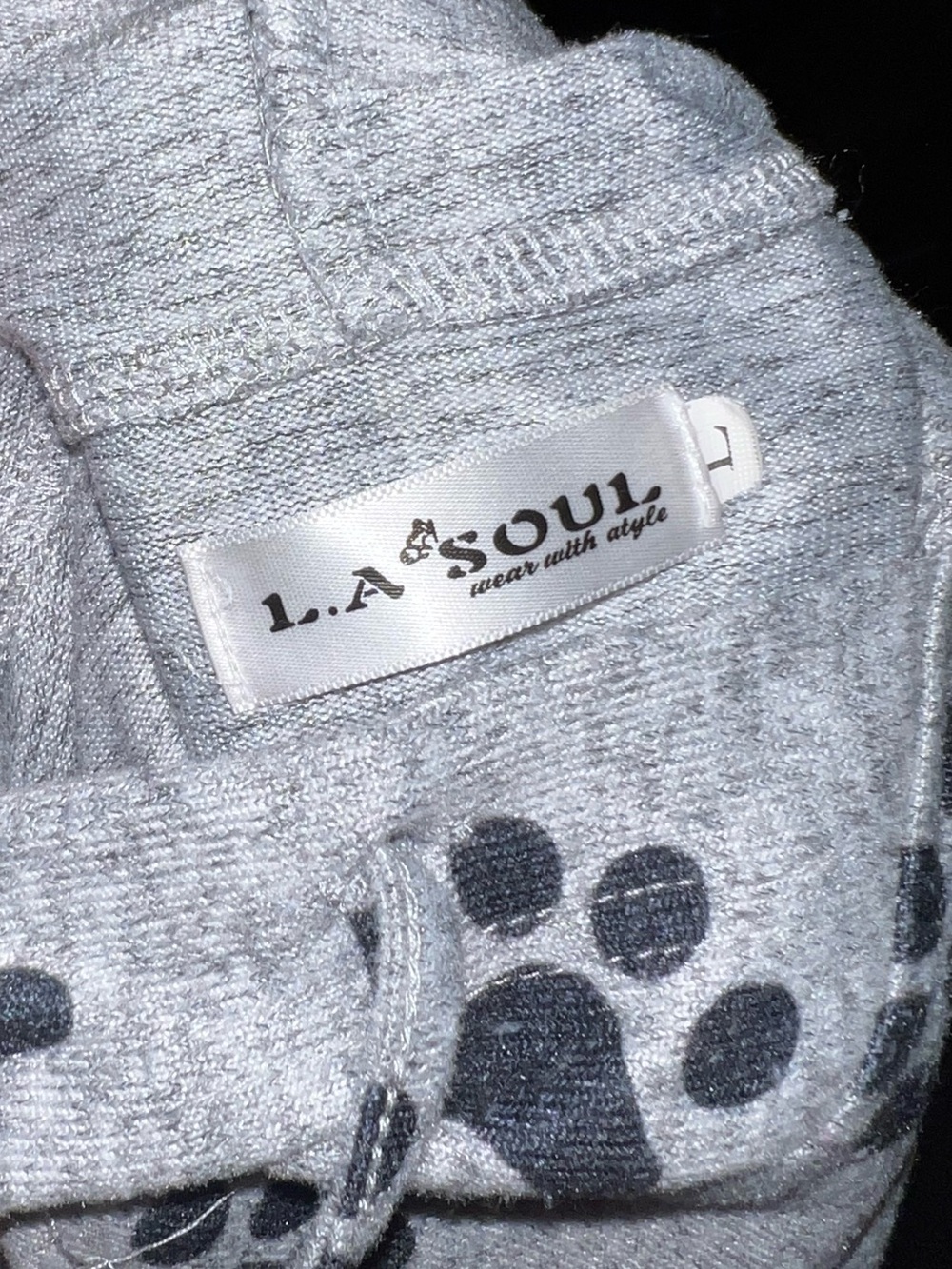 LA Soul Gray & Black Paw Print Long Sleeve Hooded Pullover Sweatshirt Size L - Picture 9 of 9